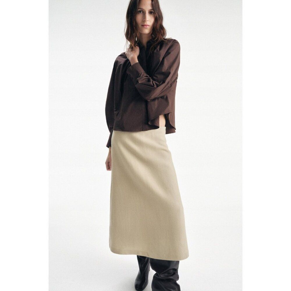 Zara Studio Womens Wool Skirt Medium A Line Midi Beige Flared Hem 0128/756 NWT